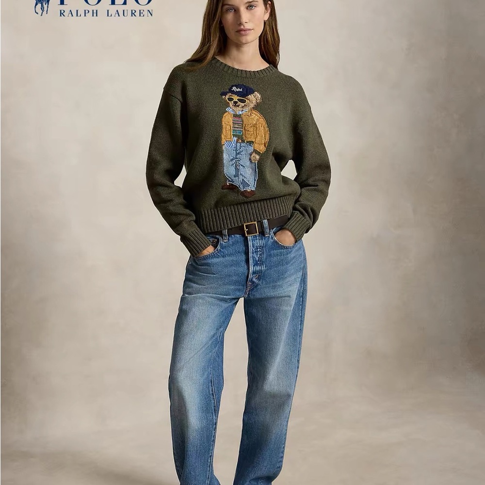 Ralph Lauren Olive Green Bear Graphic Crewneck Sweater